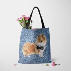 Rough Collie Dog Denim Style Tote Bag 48 denim dogs tote rough collie bleached damask denim tote standing carnations