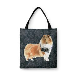 Rough Collie Dog Denim Style Tote Bag 43 denim dogs tote rough collie dark damask denim front view white