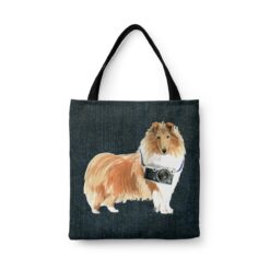Rough Collie Dog Denim Style Tote Bag 46 denim dogs tote rough collie dark denim front view white