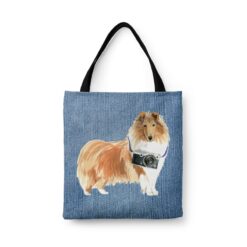 Rough Collie Dog Denim Style Tote Bag 45 denim dogs tote rough collie gently faded denim front view white