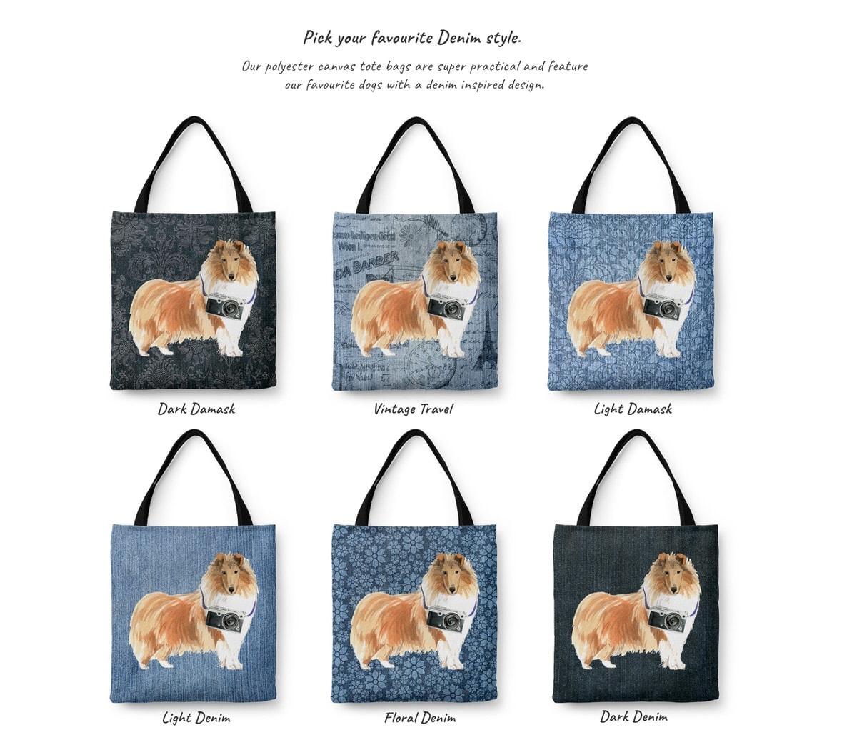 Rough Collie Dog Denim Style Tote Bag 17 Rough Collie Dog Denim Style Tote Bag - Image 15