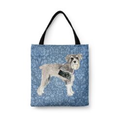denim dogs tote schnauzer bleached damask denim front view white