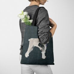 denim dogs tote schnauzer dark denim tote woman jumper walking view