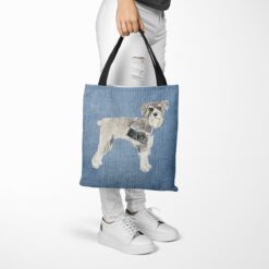 denim dogs tote schnauzer gently faded denim tote woman trowsers walking view