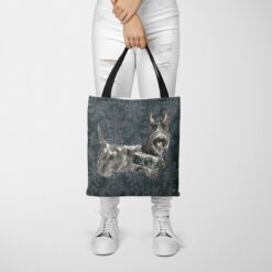 denim dogs tote scottish terrier dark damask denim tote woman trowsers front view