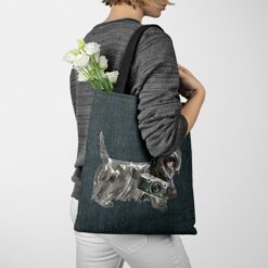 denim dogs tote scottish terrier dark denim tote woman jumper walking view