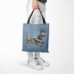 denim dogs tote scottish terrier gently faded denim tote woman trowsers walking view