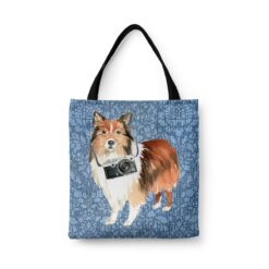 Shetland Sheepdog Dog Denim Style Tote Bag 44 denim dogs tote shetland sheepdog bleached damask denim front view white