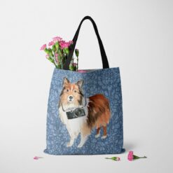 Shetland Sheepdog Dog Denim Style Tote Bag 48 denim dogs tote shetland sheepdog bleached damask denim tote standing carnations