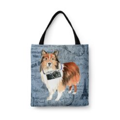Shetland Sheepdog Dog Denim Style Tote Bag 41 denim dogs tote shetland sheepdog faded ephemera denim front view white