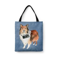 Shetland Sheepdog Dog Denim Style Tote Bag 45 denim dogs tote shetland sheepdog gently faded denim front view white