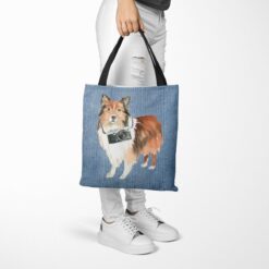 Shetland Sheepdog Dog Denim Style Tote Bag 53 denim dogs tote shetland sheepdog gently faded denim tote woman trowsers walking view