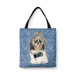 Shih tzu Long hair Dog Denim Style Tote Bag 44 denim dogs tote shih tzu long hair bleached damask denim front view white
