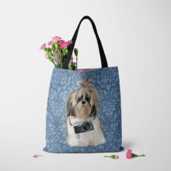 Shih tzu Long hair Dog Denim Style Tote Bag 48 denim dogs tote shih tzu long hair bleached damask denim tote standing carnations