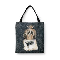 Shih tzu Long hair Dog Denim Style Tote Bag 43 denim dogs tote shih tzu long hair dark damask denim front view white