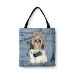 Shih tzu Long hair Dog Denim Style Tote Bag 41 denim dogs tote shih tzu long hair faded ephemera denim front view white