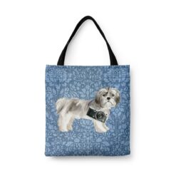 Shih tzu Short hair Dog Denim Style Tote Bag 44 denim dogs tote shih tzu short hair bleached damask denim front view white