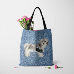 Shih tzu Short hair Dog Denim Style Tote Bag 48 denim dogs tote shih tzu short hair bleached damask denim tote standing carnations
