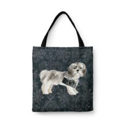 Shih tzu Short hair Dog Denim Style Tote Bag 43 denim dogs tote shih tzu short hair dark damask denim front view white