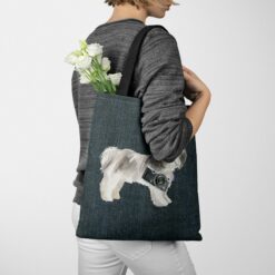 Shih tzu Short hair Dog Denim Style Tote Bag 51 denim dogs tote shih tzu short hair dark denim tote woman jumper walking view