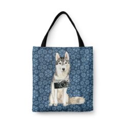Siberian Husky Dog Denim Style Tote Bag 47 denim dogs tote siberian husky daisy denim front view white