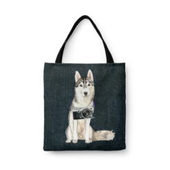 Siberian Husky Dog Denim Style Tote Bag 46 denim dogs tote siberian husky dark denim front view white