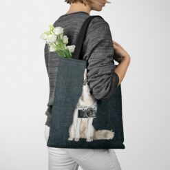 Siberian Husky Dog Denim Style Tote Bag 51 denim dogs tote siberian husky dark denim tote woman jumper walking view