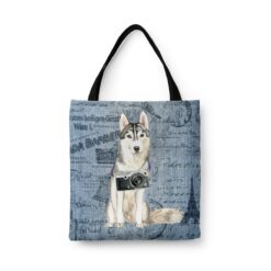 Siberian Husky Dog Denim Style Tote Bag 41 denim dogs tote siberian husky faded ephemera denim front view white