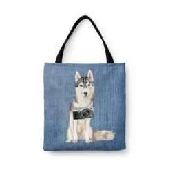 Siberian Husky Dog Denim Style Tote Bag 45 denim dogs tote siberian husky gently faded denim front view white