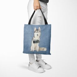 Siberian Husky Dog Denim Style Tote Bag 53 denim dogs tote siberian husky gently faded denim tote woman trowsers walking view