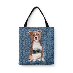 denim dogs tote staffordshire bull terrier daisy denim front view white