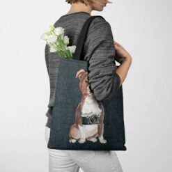denim dogs tote staffordshire bull terrier dark denim tote woman jumper walking view
