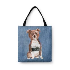 denim dogs tote staffordshire bull terrier gently faded denim front view white