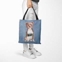 denim dogs tote staffordshire bull terrier gently faded denim tote woman trowsers walking view