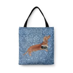 Tan Dachshund Dog Denim Style Tote Bag 44 denim dogs tote tan dachshund bleached damask denim front view white