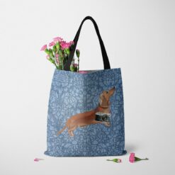Tan Dachshund Dog Denim Style Tote Bag 48 denim dogs tote tan dachshund bleached damask denim tote standing carnations