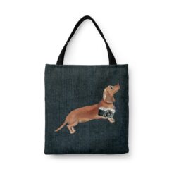 Tan Dachshund Dog Denim Style Tote Bag 46 denim dogs tote tan dachshund dark denim front view white