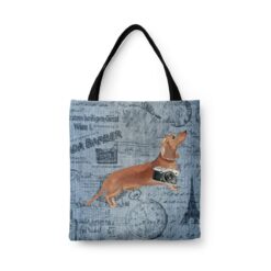 Tan Dachshund Dog Denim Style Tote Bag 41 denim dogs tote tan dachshund faded ephemera denim front view white