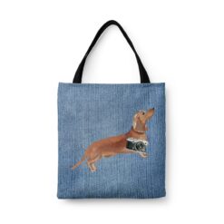 Tan Dachshund Dog Denim Style Tote Bag 45 denim dogs tote tan dachshund gently faded denim front view white