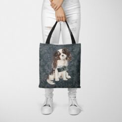 Tri colour King Charles Spaniel Dog Denim Style Tote Bag 50 denim dogs tote tri colour king charles spaniel dark damask denim tote woman trowsers front view