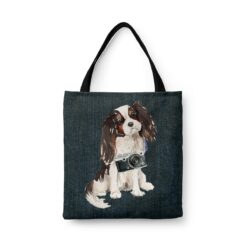 Tri colour King Charles Spaniel Dog Denim Style Tote Bag 46 denim dogs tote tri colour king charles spaniel dark denim front view white