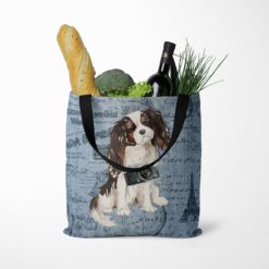 Tri colour King Charles Spaniel Dog Denim Style Tote Bag 52 denim dogs tote tri colour king charles spaniel faded ephemera denim tote standing food