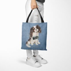 Tri colour King Charles Spaniel Dog Denim Style Tote Bag 53 denim dogs tote tri colour king charles spaniel gently faded denim tote woman trowsers walking view