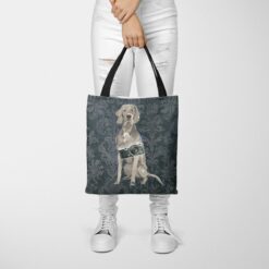 denim dogs tote weimaraner dark damask denim tote woman trowsers front view