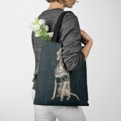 denim dogs tote weimaraner dark denim tote woman jumper walking view