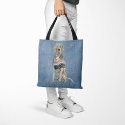 denim dogs tote weimaraner gently faded denim tote woman trowsers walking view
