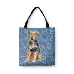 Welsh Terrier Dog Denim Style Tote Bag 44 denim dogs tote welsh terrier bleached damask denim front view white