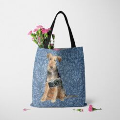 Welsh Terrier Dog Denim Style Tote Bag 48 denim dogs tote welsh terrier bleached damask denim tote standing carnations