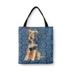 Welsh Terrier Dog Denim Style Tote Bag 47 denim dogs tote welsh terrier daisy denim front view white