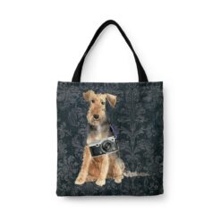 Welsh Terrier Dog Denim Style Tote Bag 43 denim dogs tote welsh terrier dark damask denim front view white